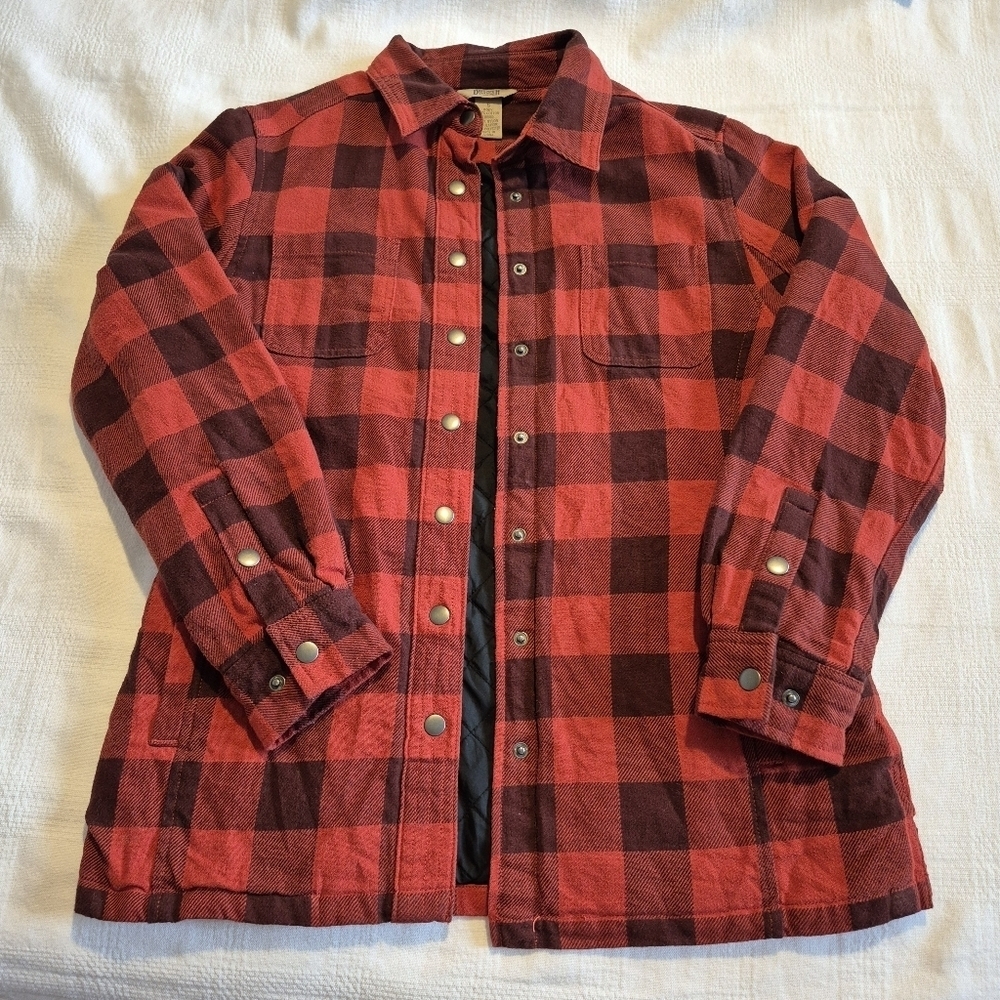 Duluth Trading Co womens size Small insulated quilted plaid jacket, snap VGUC